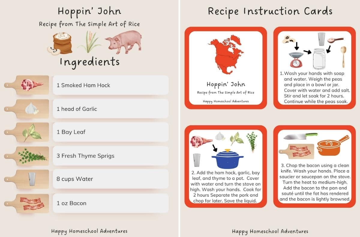 ingredients list and recipe instruction cards snippet for making Hoppin' John recipe from The Simple Art of Rice