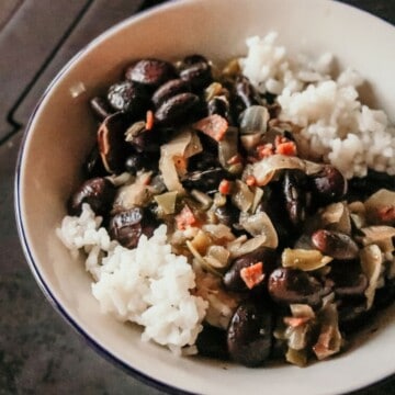 closeup of Cuban Black Beans and Rice in a bowl