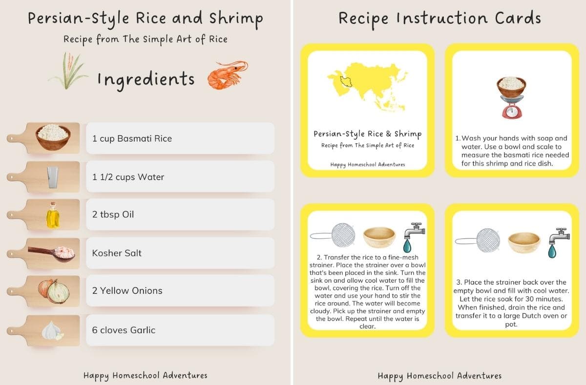 ingredients list and recipe instruction cards snippet for making Persian-Style Rice and Shrimp