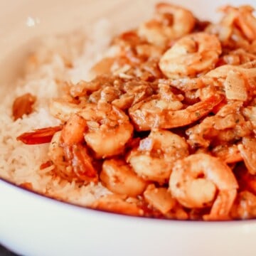 close up of Persian-style rice and shrimp in a serving bowl