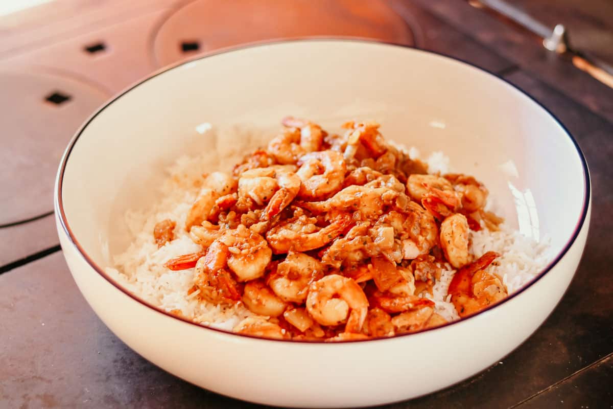 shrimp and rice in a large serving bowl