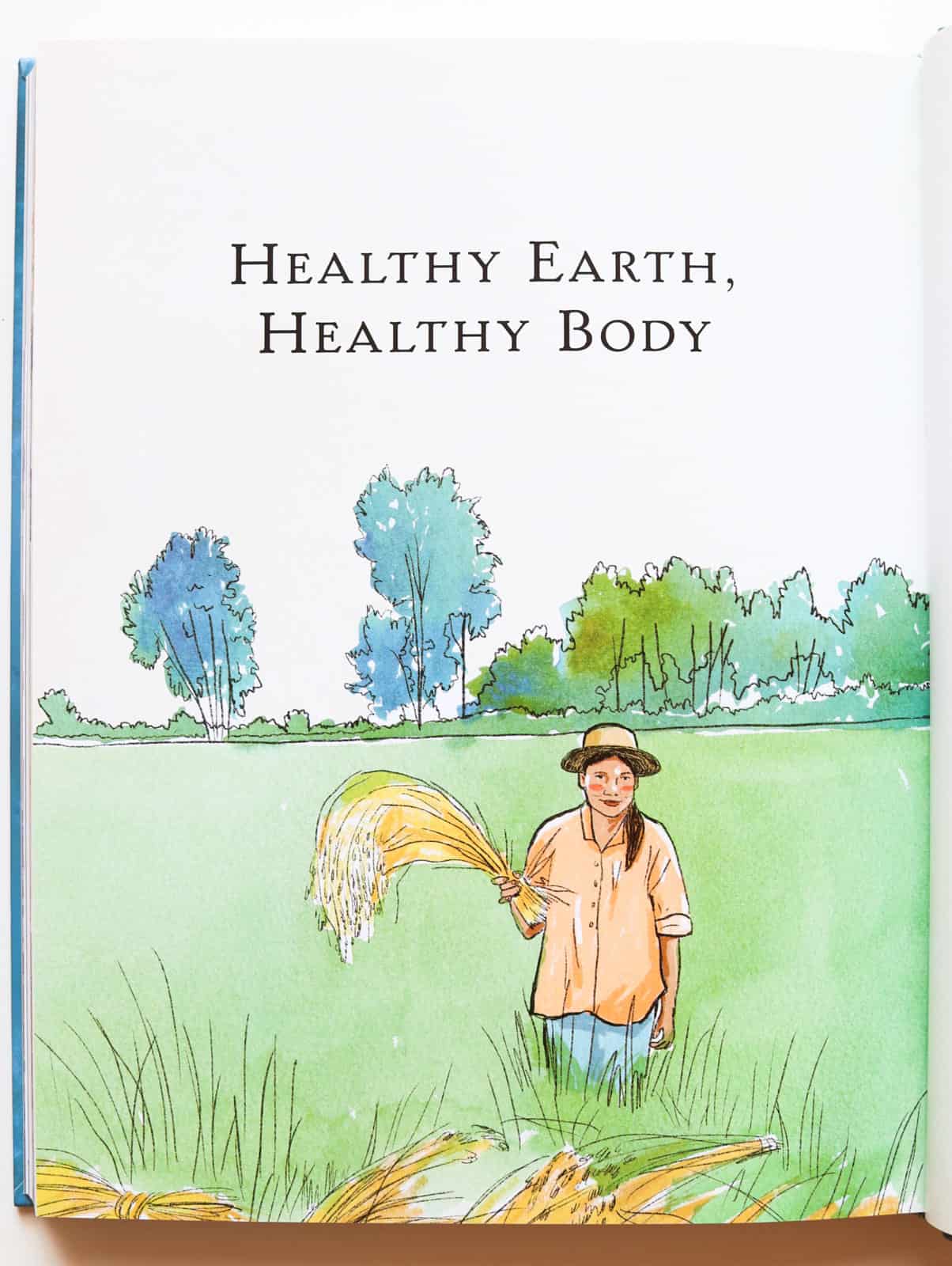 illustration from The Simple Art of Rice cookbook with text: Healthy Earth, Healthy Body