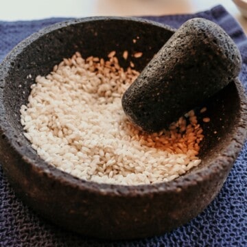 closeup of a Made In Molcajete y Tejolote with rice inside