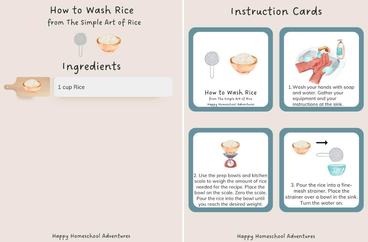 ingredients list and instruction cards snippet for washing rice