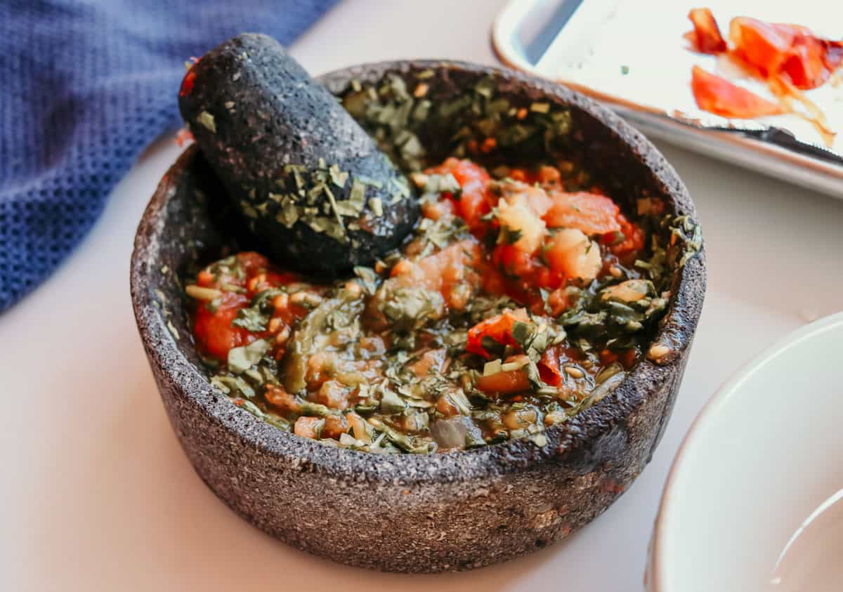 salsa molcajete roja in a Dupo x Made In Molcajete y Tejolote, mortar and pestle