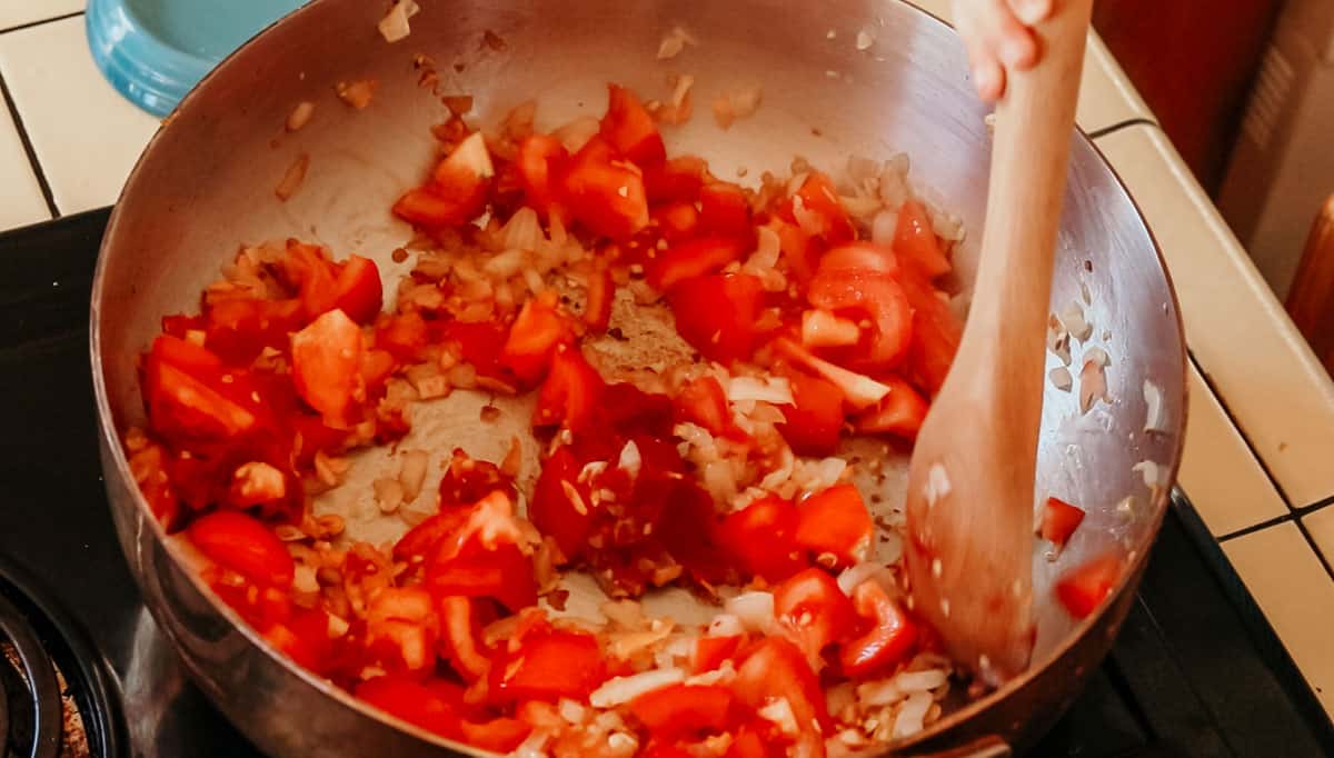 stirring tomatoes and tomato paste into piri piri sauce ingredients