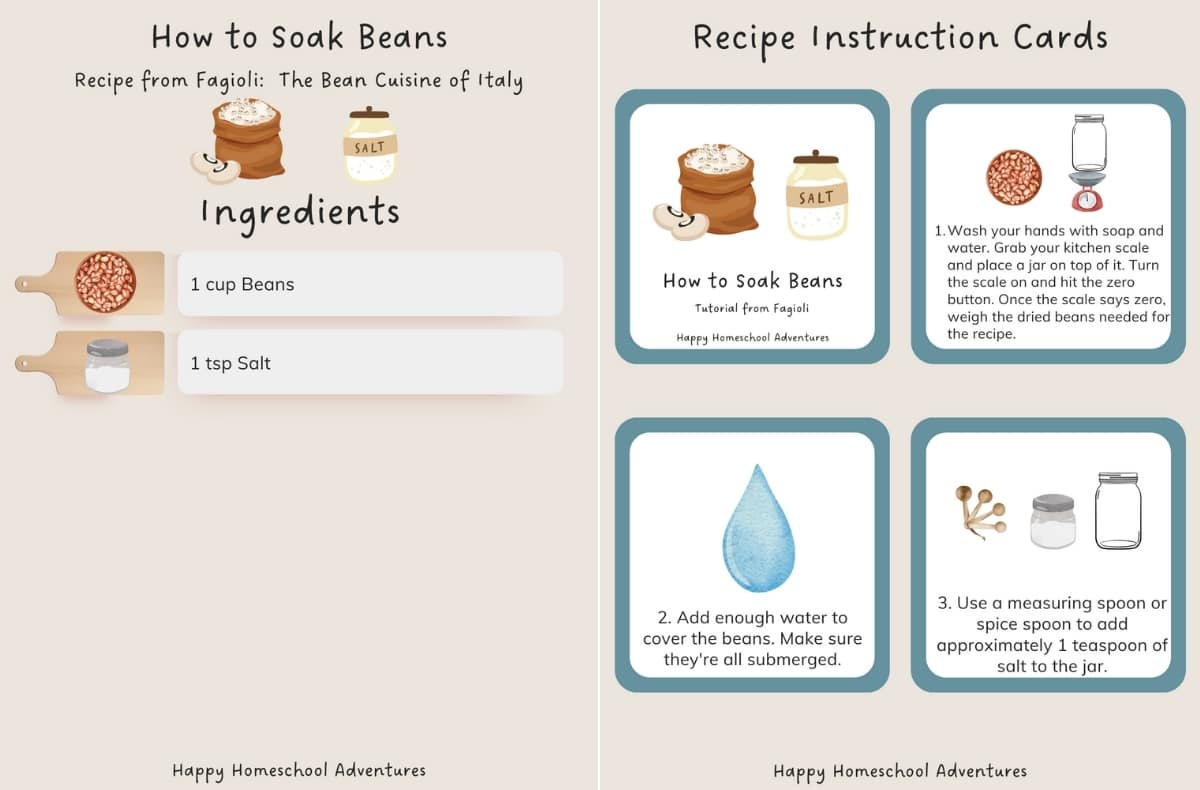 ingredients and instruction cards snippet for soaking beans
