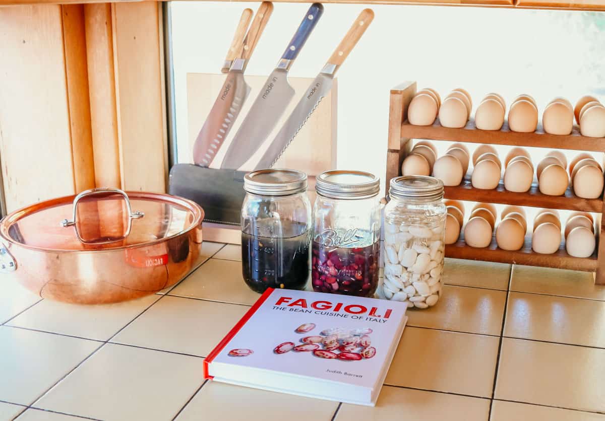 beans soaking on a kitchen counter next to Fagioli cookbook, egg holder, knife block, and a saucier