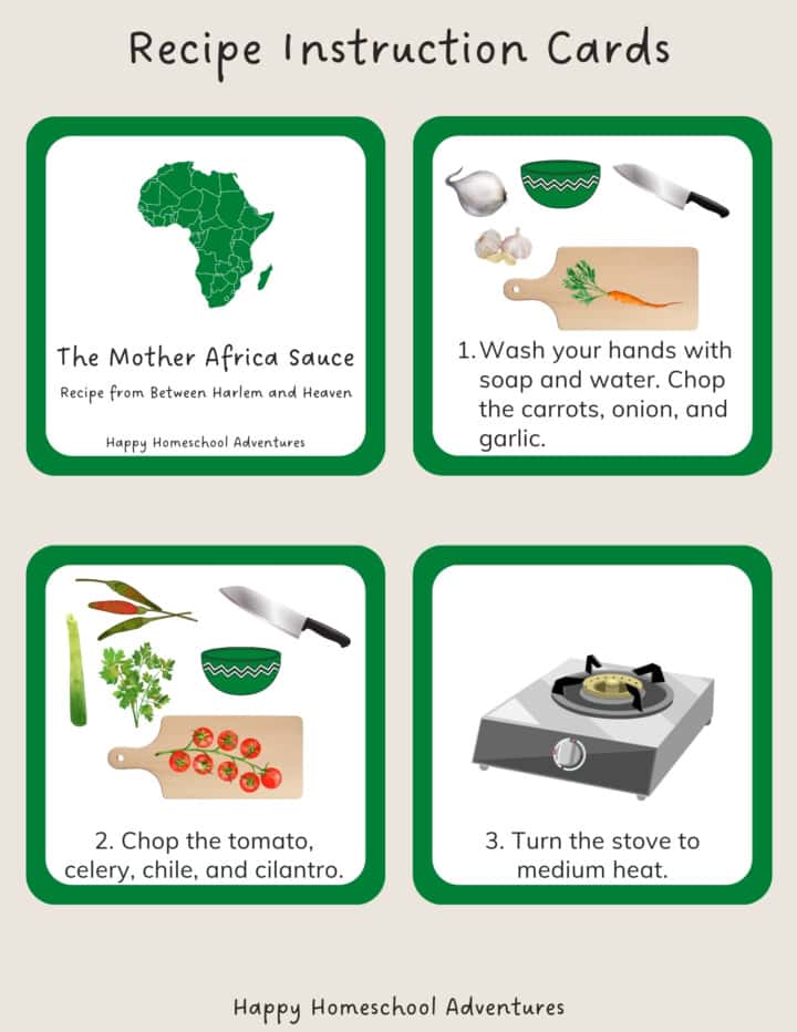 recipe instruction cards for making The Mother Africa Sauce