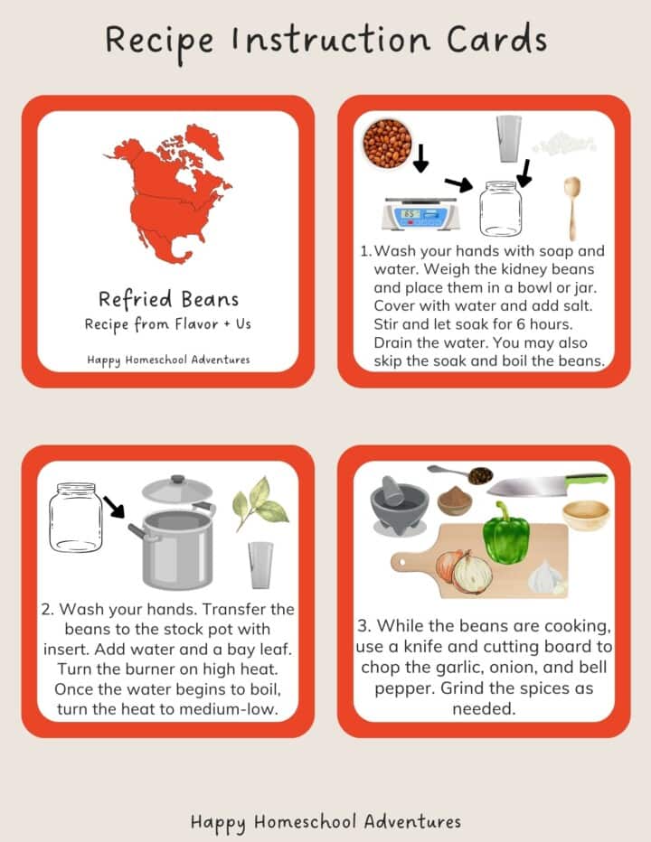 recipe instruction cards snippet for making refried beans from Flavor + Us cookbook