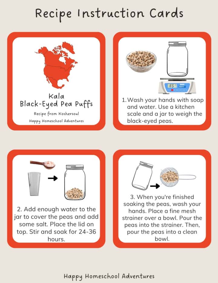 recipe instruction cards snippet for making Kala: Black-eyed Pea Puffs