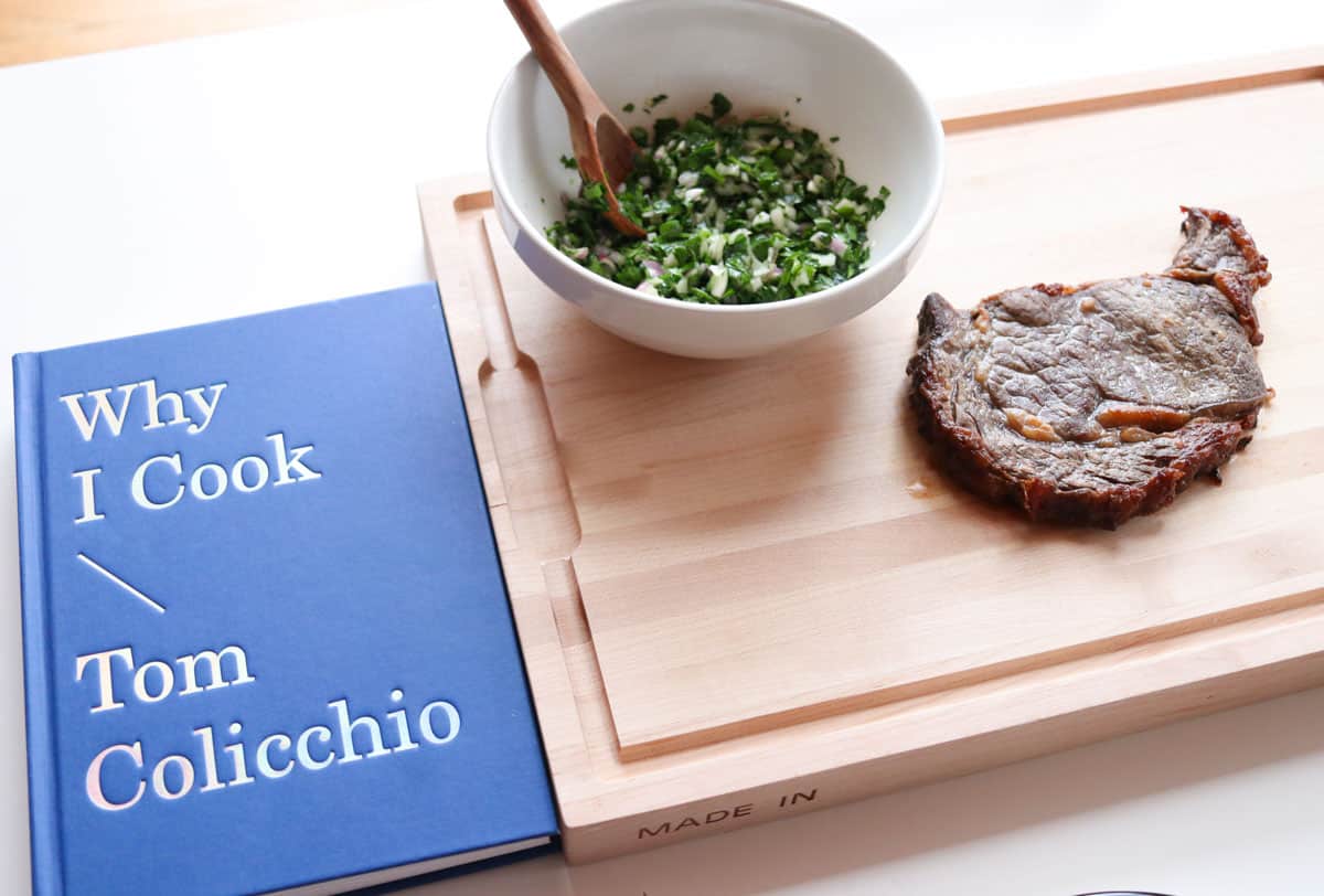 Why I Cook, salsa verde, and rib eye on a butcher block
