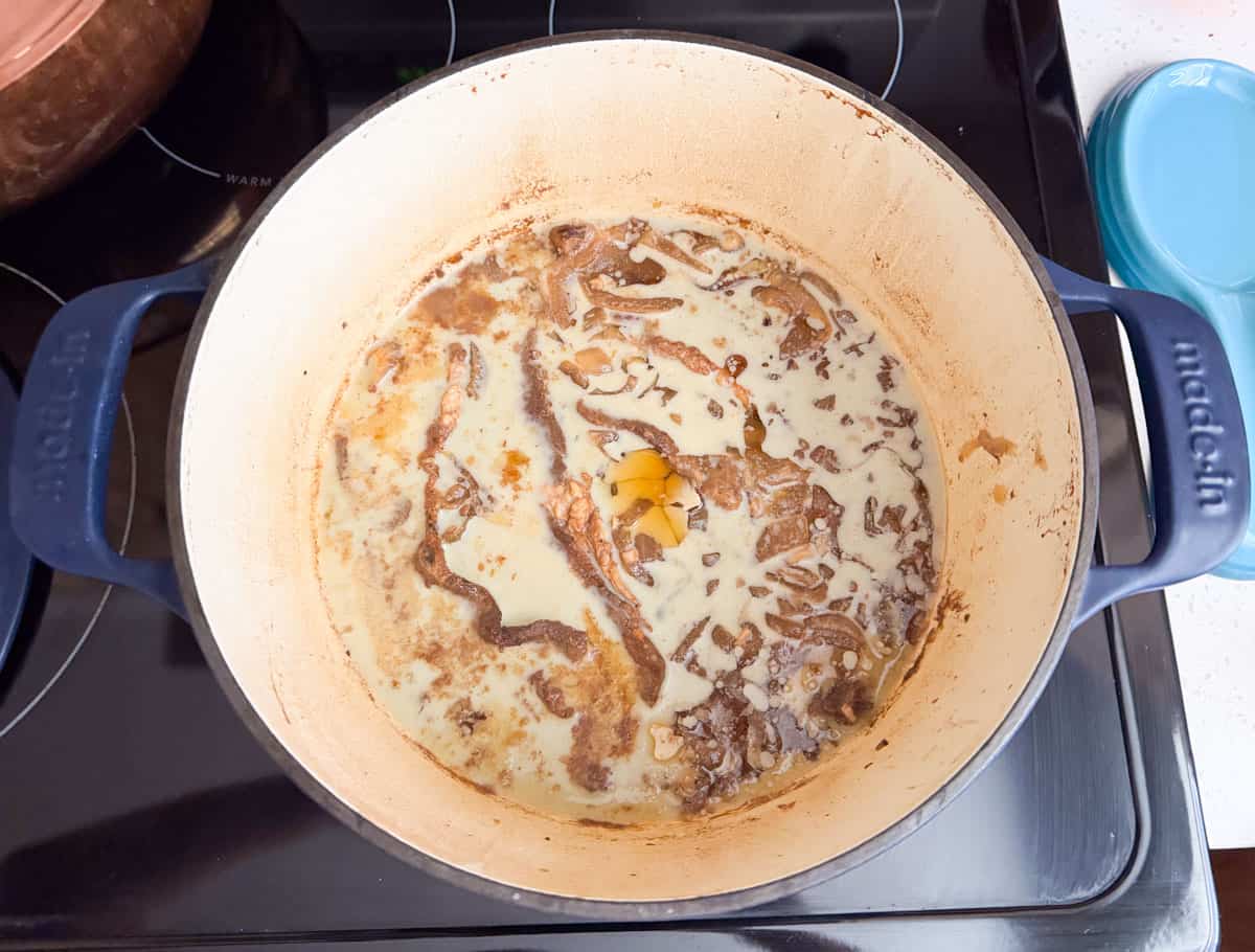 the beginning of day 2 of bigos: bigos from the fridge with a layer of fat on top