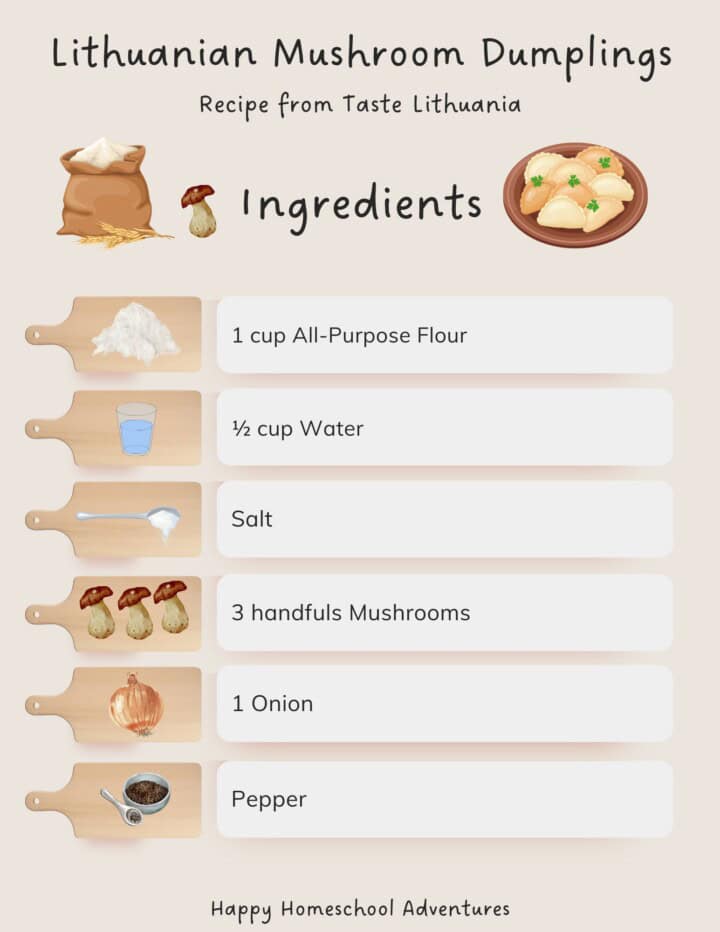 illustrated ingredients list snippet for making Lithuanian mushroom dumplings