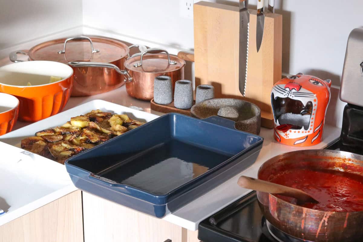 station for assembling eggplant parmesan