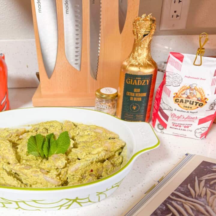 hand-rolled macaroni with pesto, Giadzy evoo and Caputo Chef's Flour