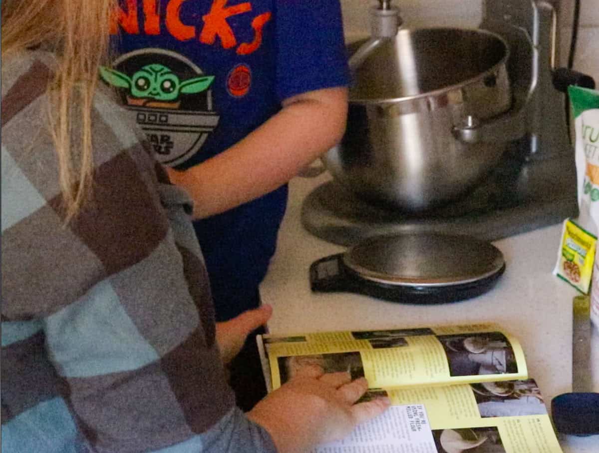 Reading the dough recipe from The Scarr's Pizza Cookbook
