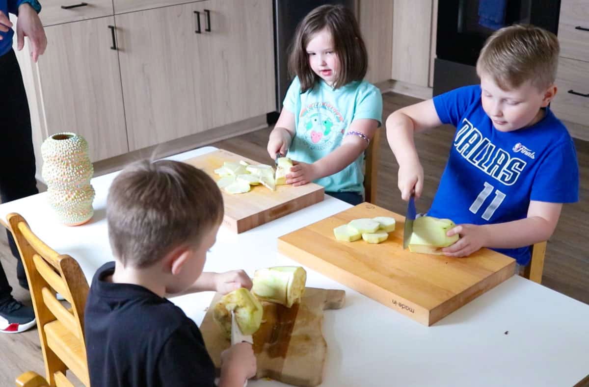 Katalina and Noah are slicing eggplant, John is destroying his