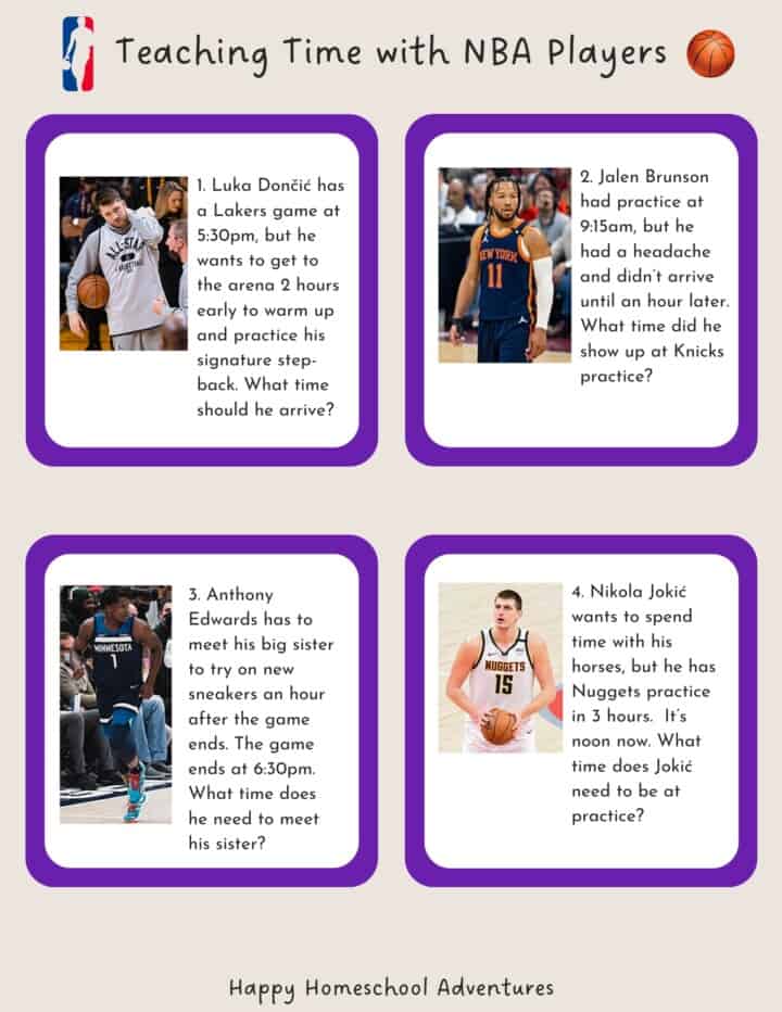 snippet for a teaching time printable with nba players