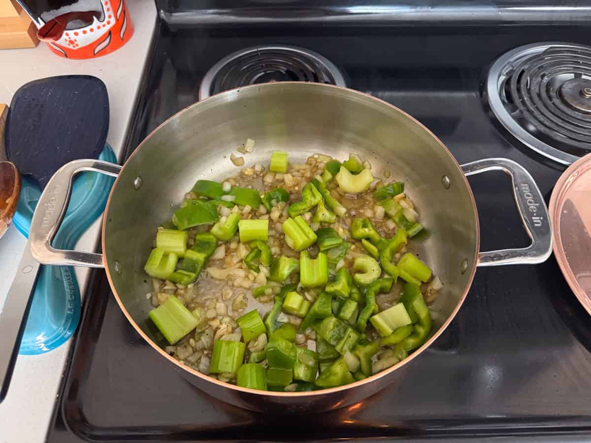 cooking celery, onion, and bell pepper for pot roast