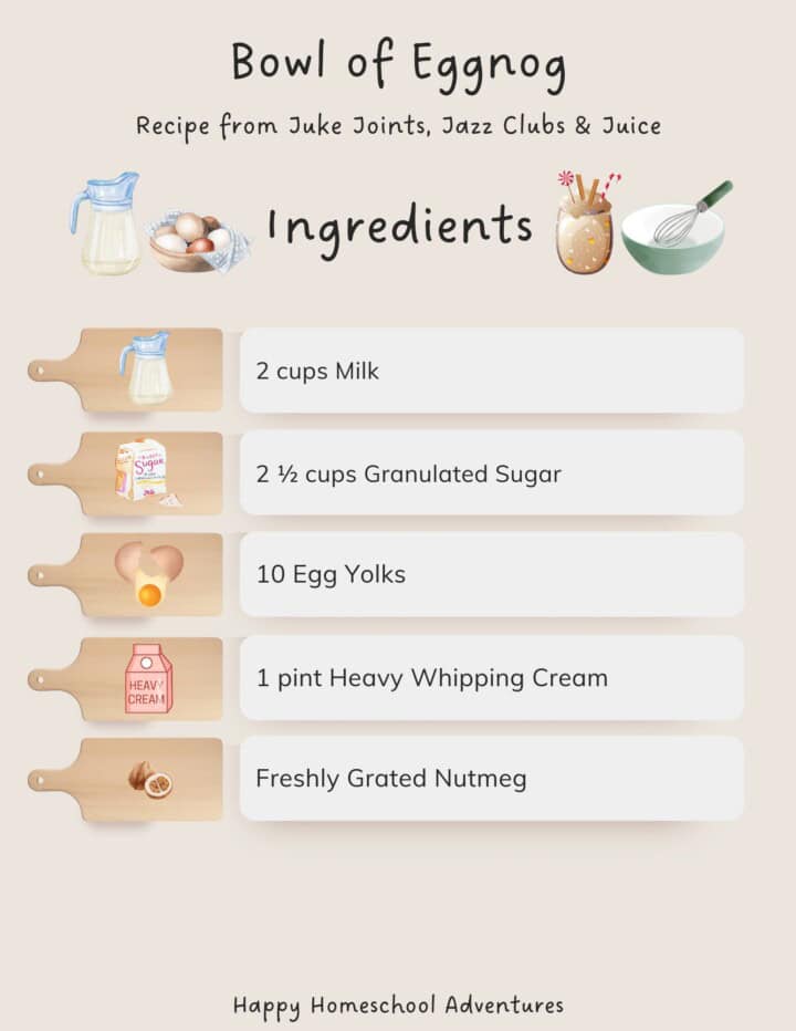 illustrated ingredients list for a bowl of eggnog from Juke Joints, Jazz Clubs & Juice