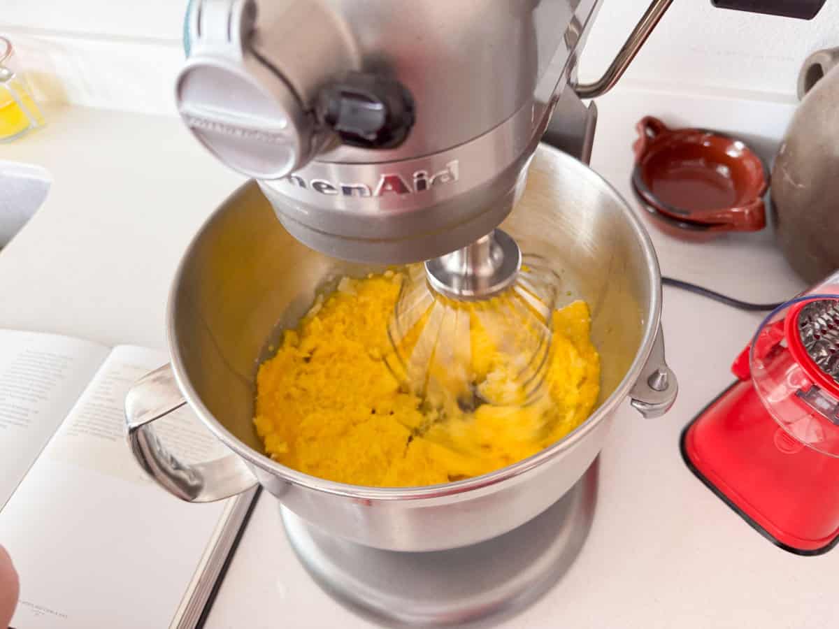 sugar and egg yolks whisked in a stand mixer