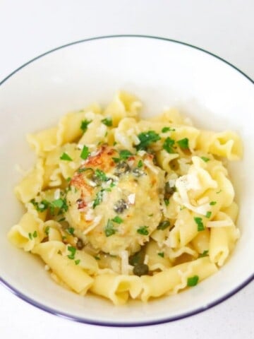 chicken piccata meatball over campanelle pasta