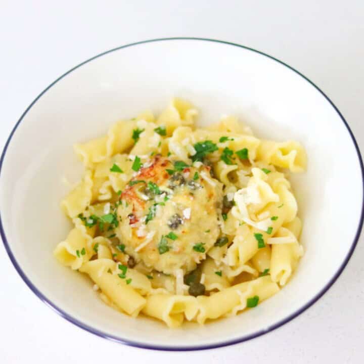 chicken piccata meatball over campanelle pasta