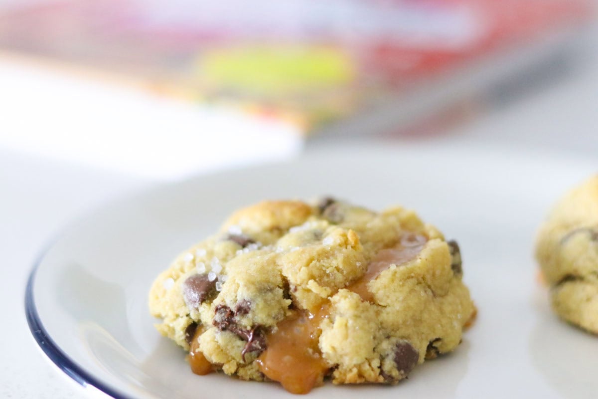 salted caramel chocolate chip cookie on a plate