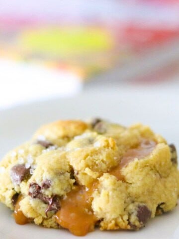 salted caramel chocolate chip cookie on a plate