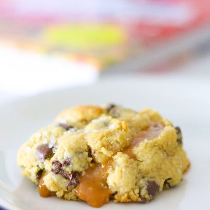 salted caramel chocolate chip cookie on a plate
