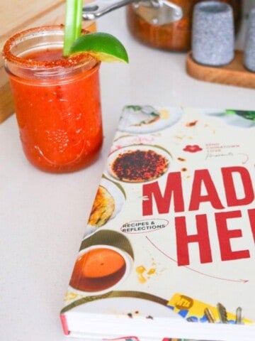 sake bloody mary beside Made Here Cookbook