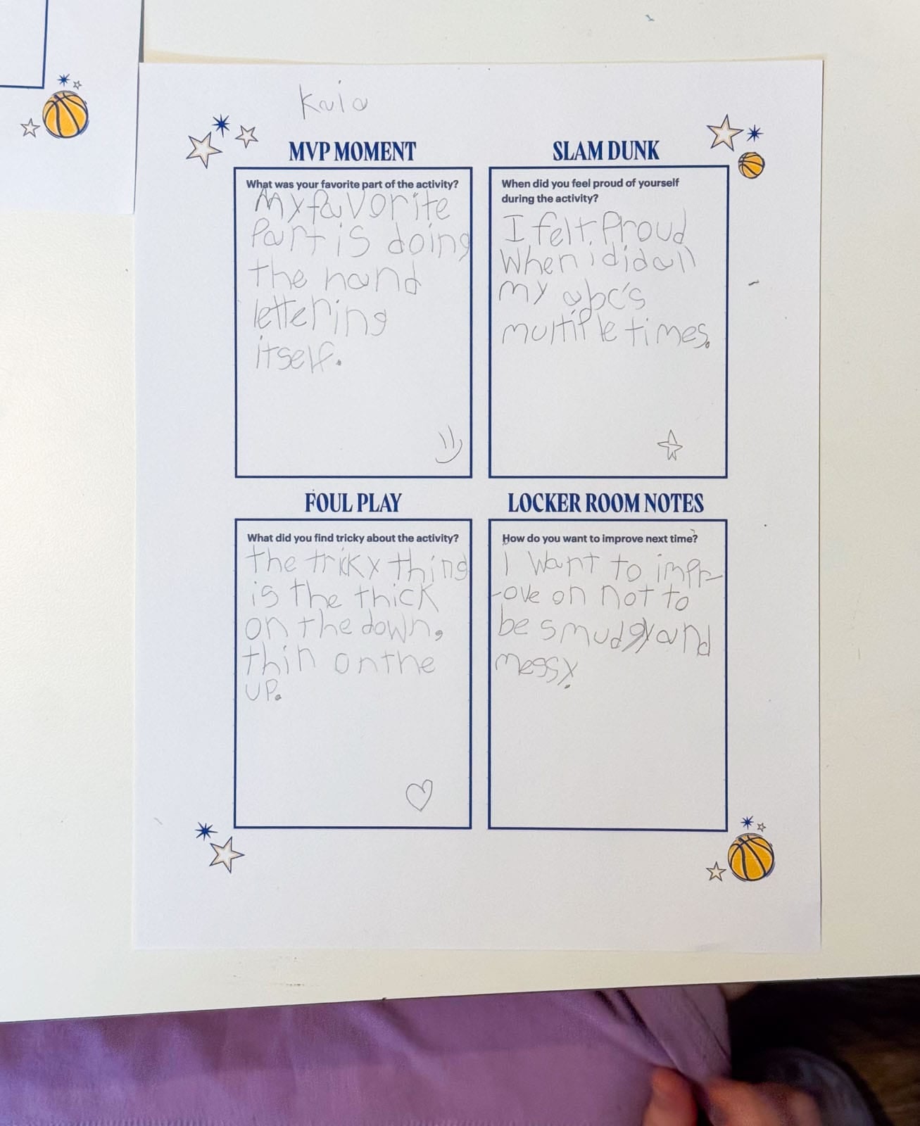 Kaia's Lakers Literacy League Self-Assessment for her Hand Lettering activities