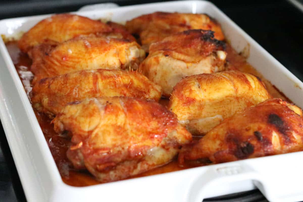 gochujang chicken on a baking slab