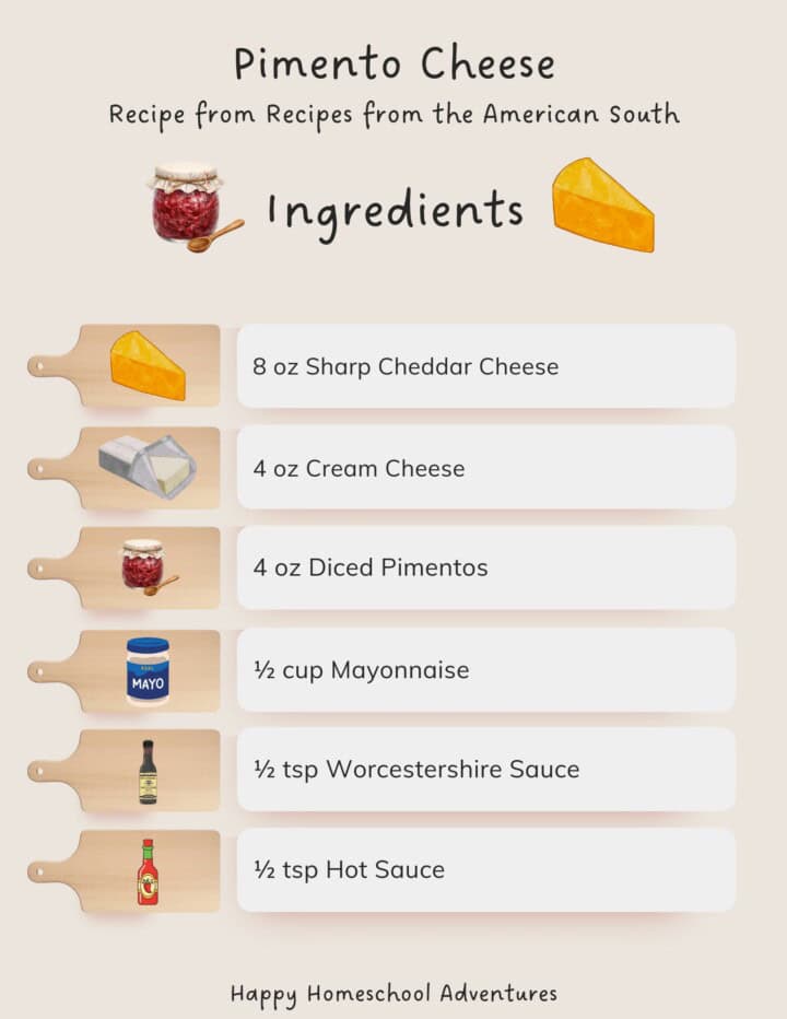 illustrated ingredients snippet for making pimento cheese from Recipes from the American South