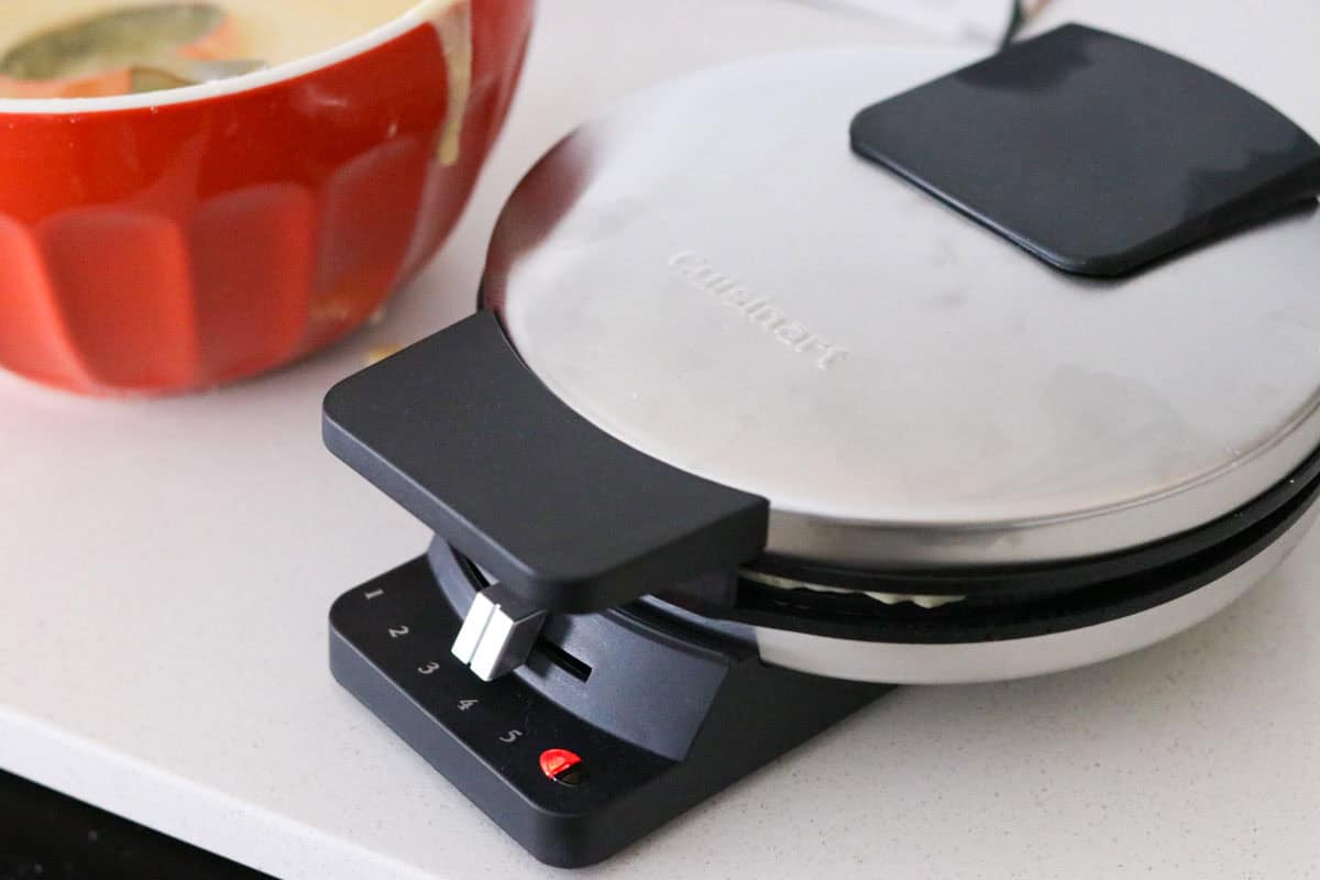 cuisinart waffle iron beside waffle batter