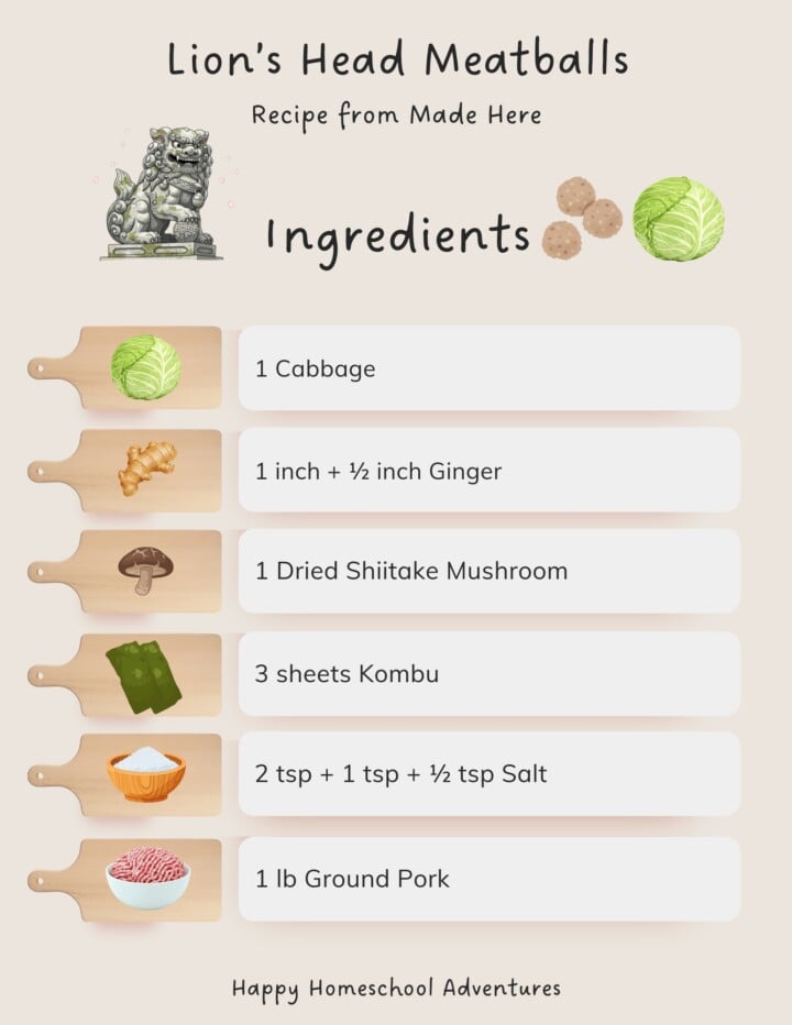 illustrated ingredients snippet for making lion's head meatballs from Made Here cookbook