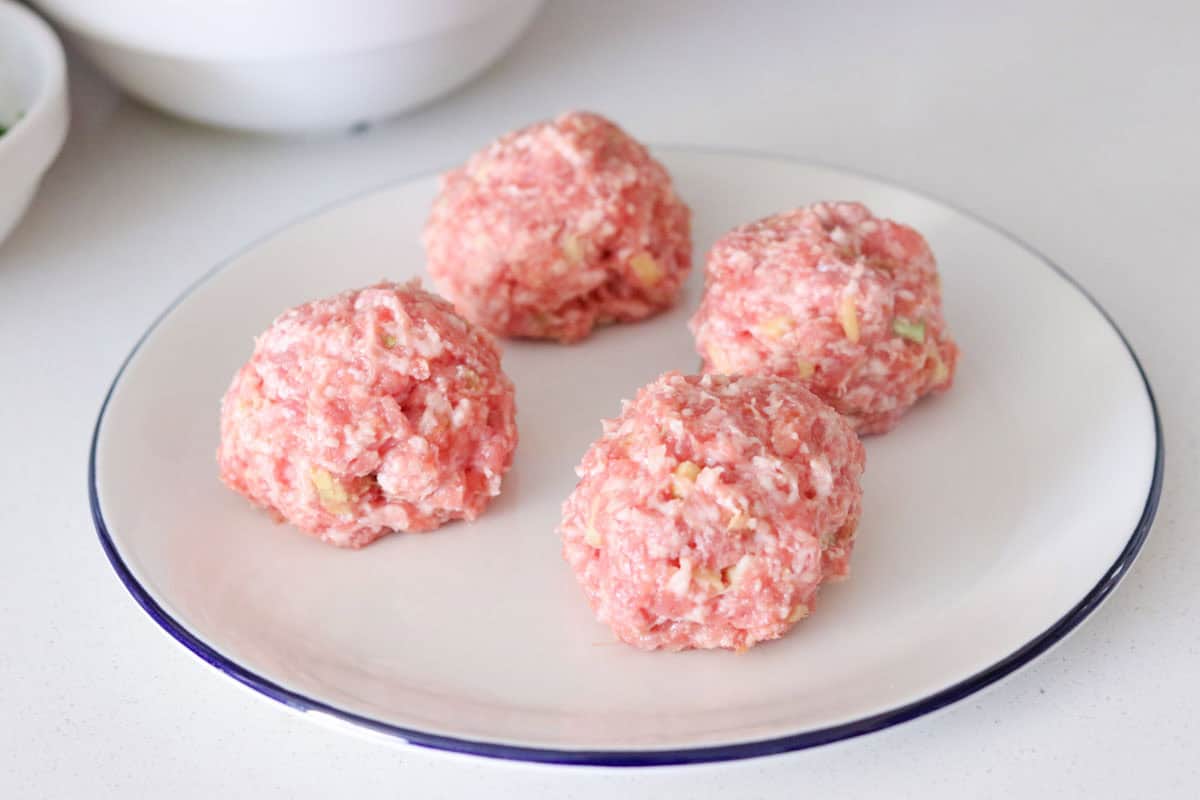 uncooked pork meatballs on a plate