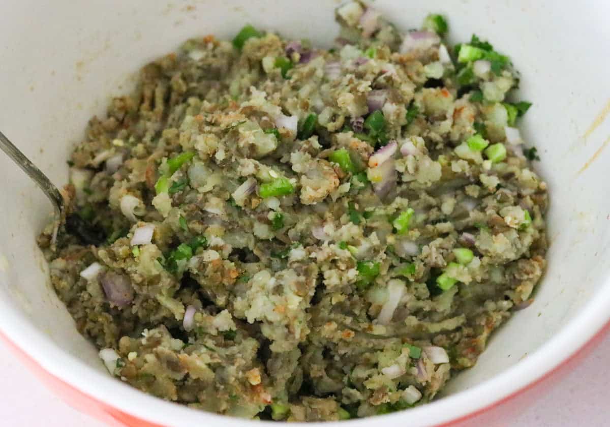 stuffing mixture in a bowl for stuffed bell peppers