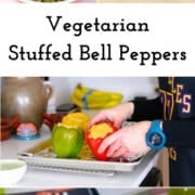 Vegetarian stuffed bell peppers with a filling composed of lentils, & mashed potatoes combined with jalapeño, shallot, cilantro, and ginger. The result is a healthy work of art that tastes incredible.