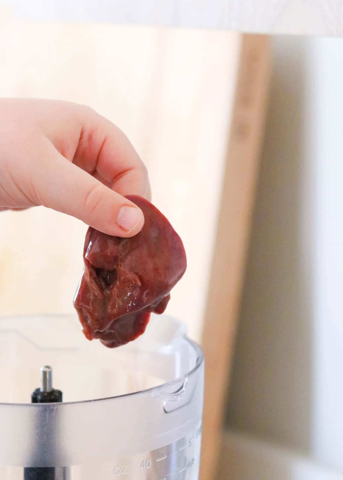 Noah is putting chicken liver into a blender