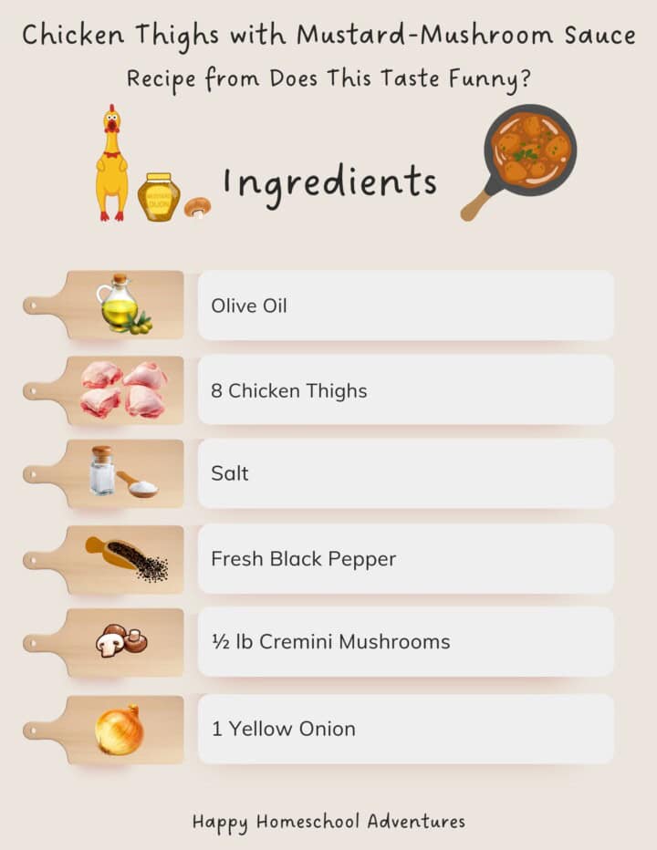 illustrated ingredients snippet for making Chicken thighs with Mustard-Mushroom Sauce from Does This Taste Funny?