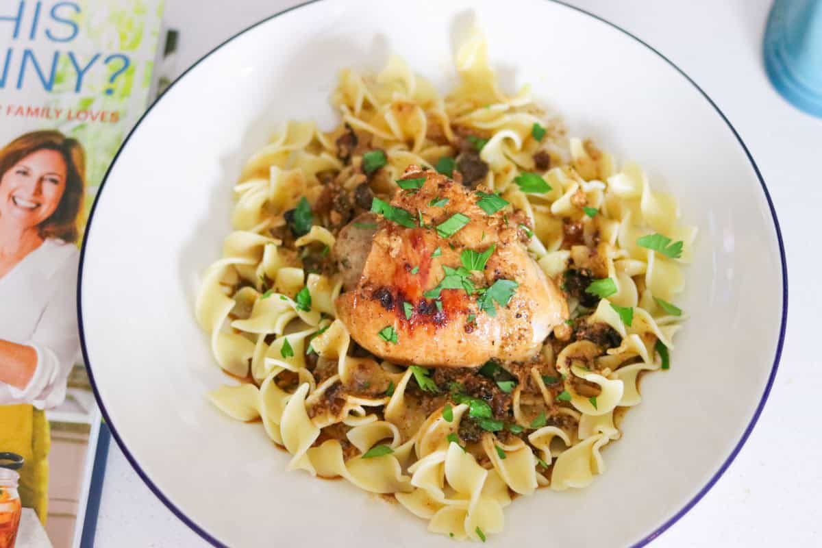 Chicken thighs with mustard-mushroom sauce beside Does This Taste Funny?