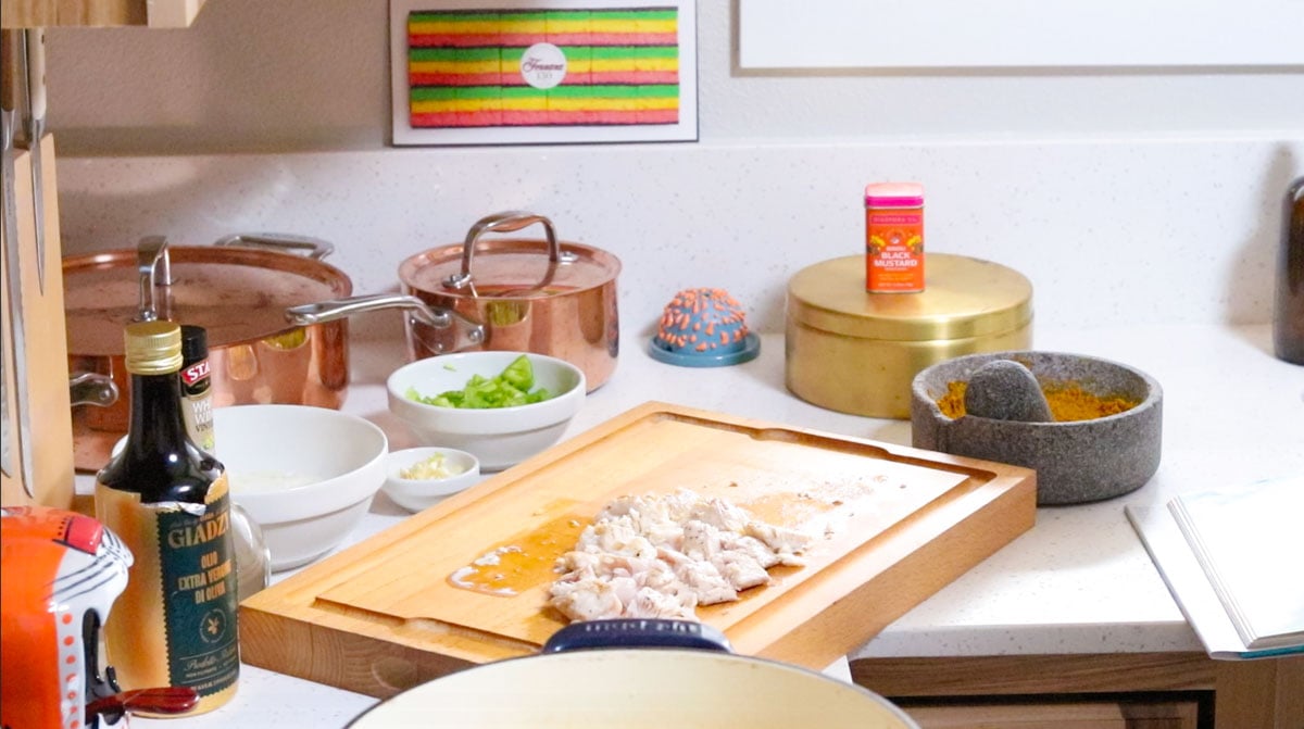 chopped mahi-mahi on a butcher block