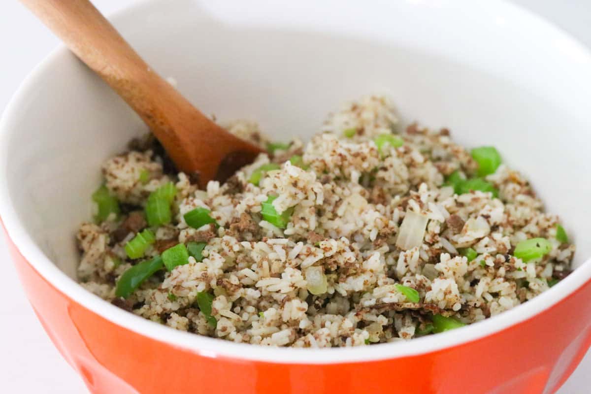 dirty fried rice in a large serving bowl