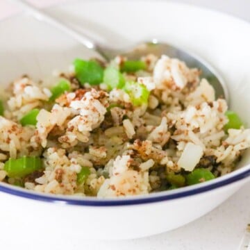 dirty fried rice in a bowl with a spoon