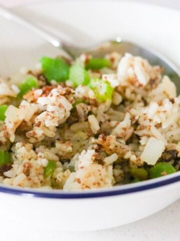dirty fried rice in a bowl with a spoon