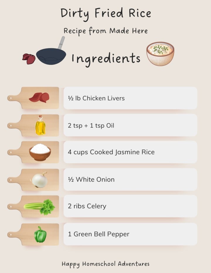 illustrated ingredients snippet for making Dirty Fried Rice from Made Here cookbook