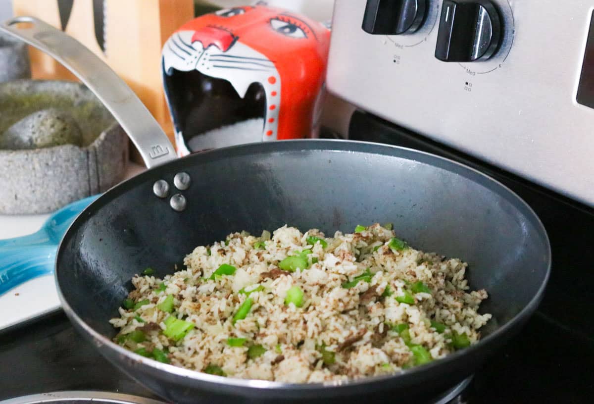 dirty fried rice in a wok on the stove