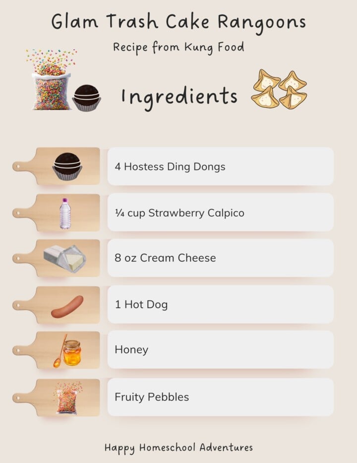 illustrated ingredients snippet for making Glam Trash Cake Rangoons from Kung Food